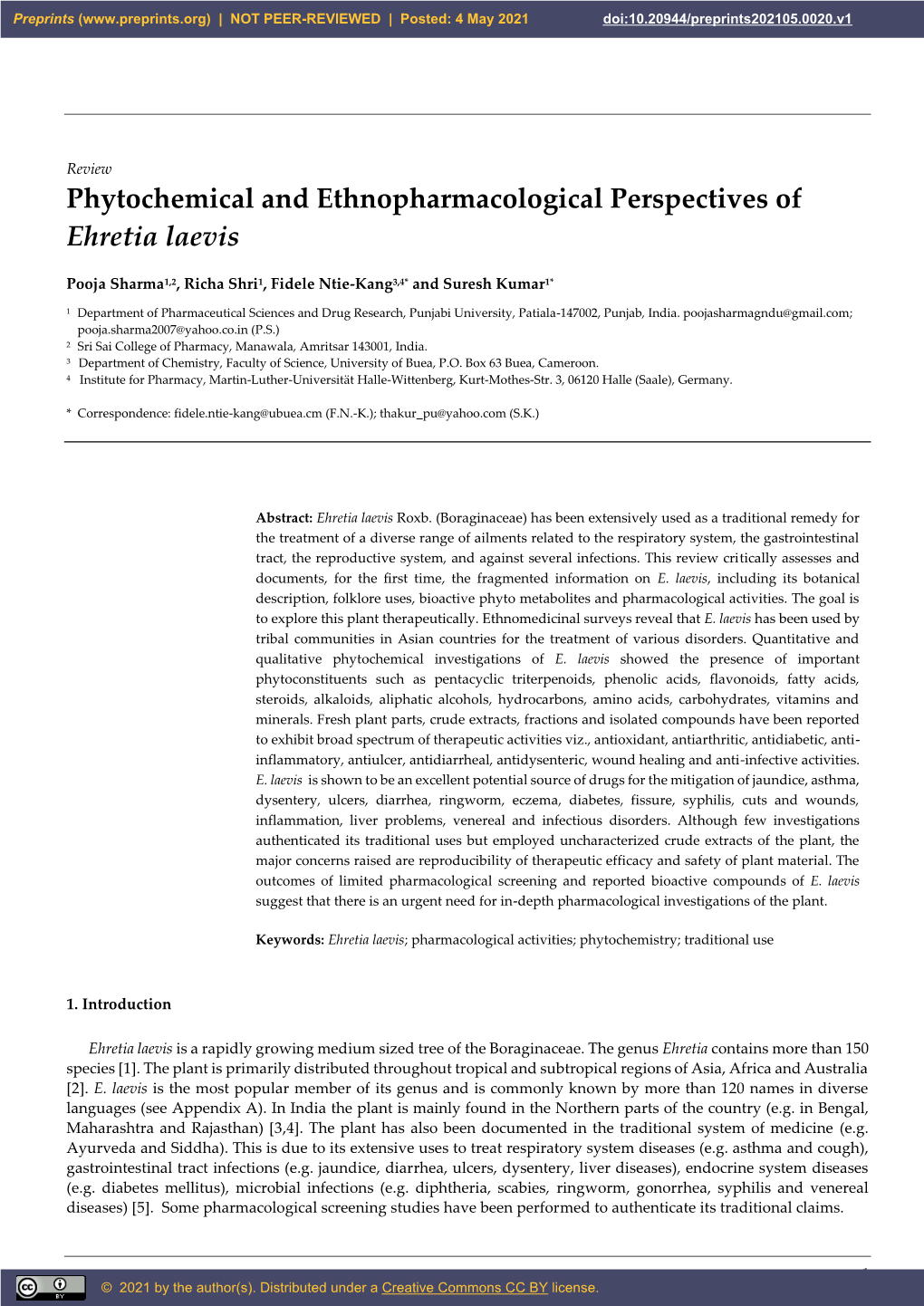 Phytochemical and Ethnopharmacological Perspectives of Ehretia Laevis