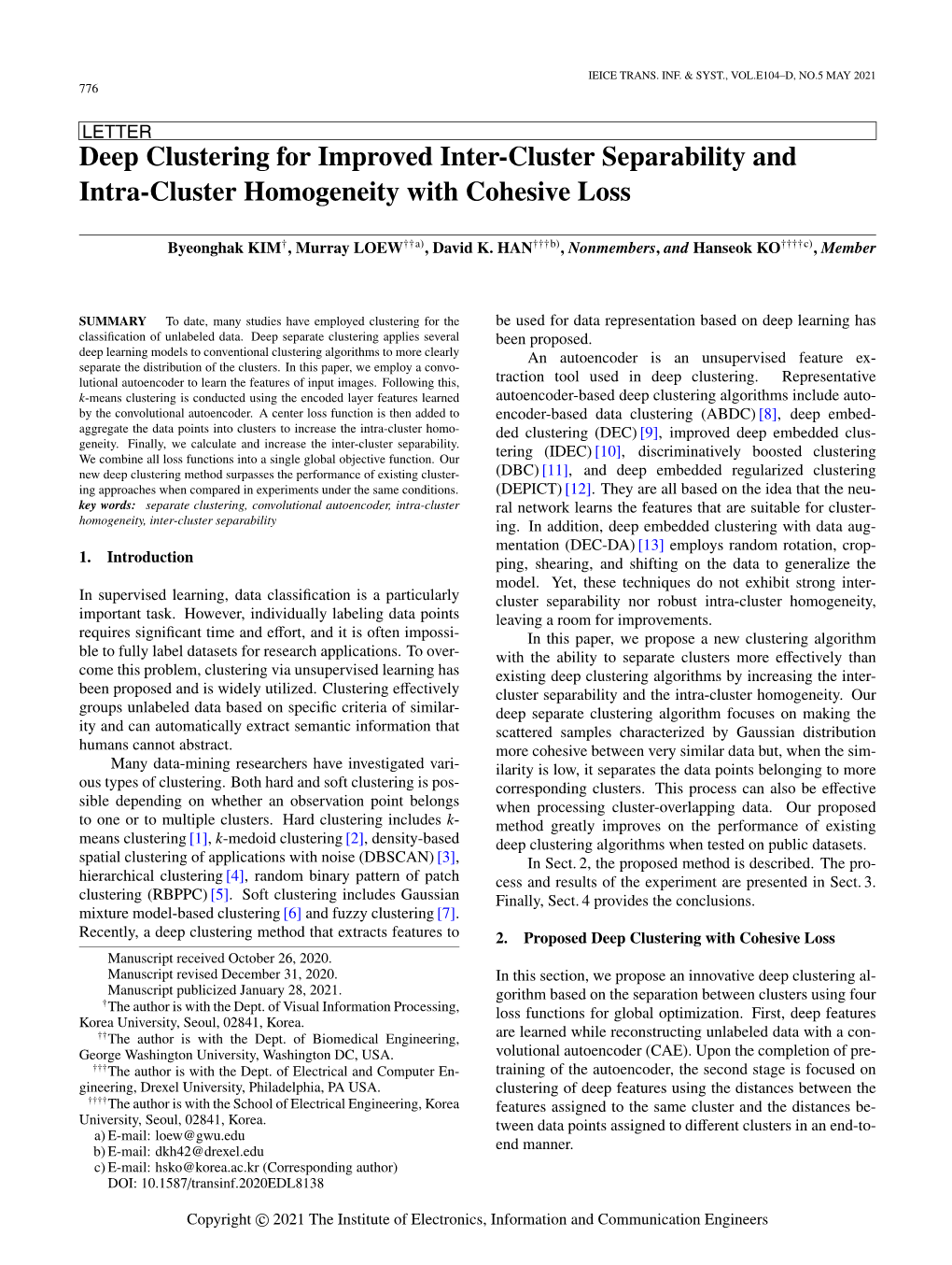 Deep Clustering for Improved Inter-Cluster Separability and Intra-Cluster Homogeneity with Cohesive Loss