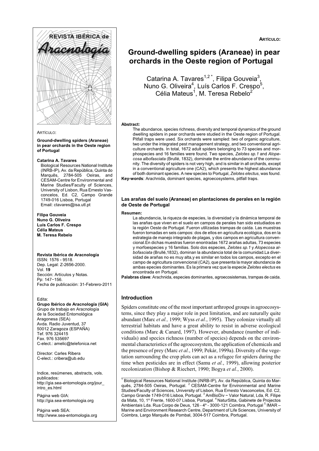 Ground-Dwelling Spiders (Araneae) in Pear Orchards in the Oeste Region of Portugal