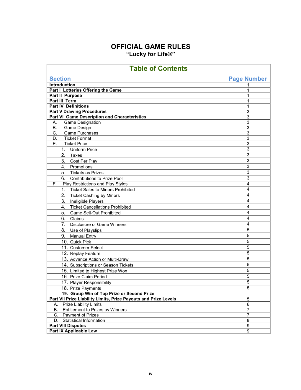 OFFICIAL GAME RULES Table of Contents