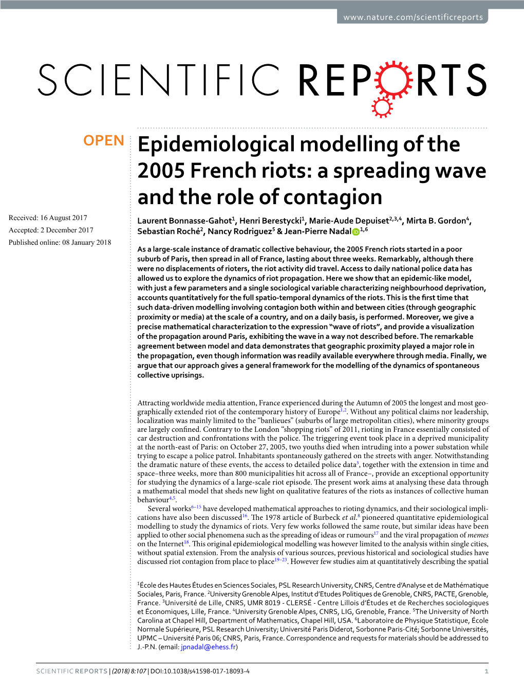 Epidemiological Modelling of the 2005 French Riots