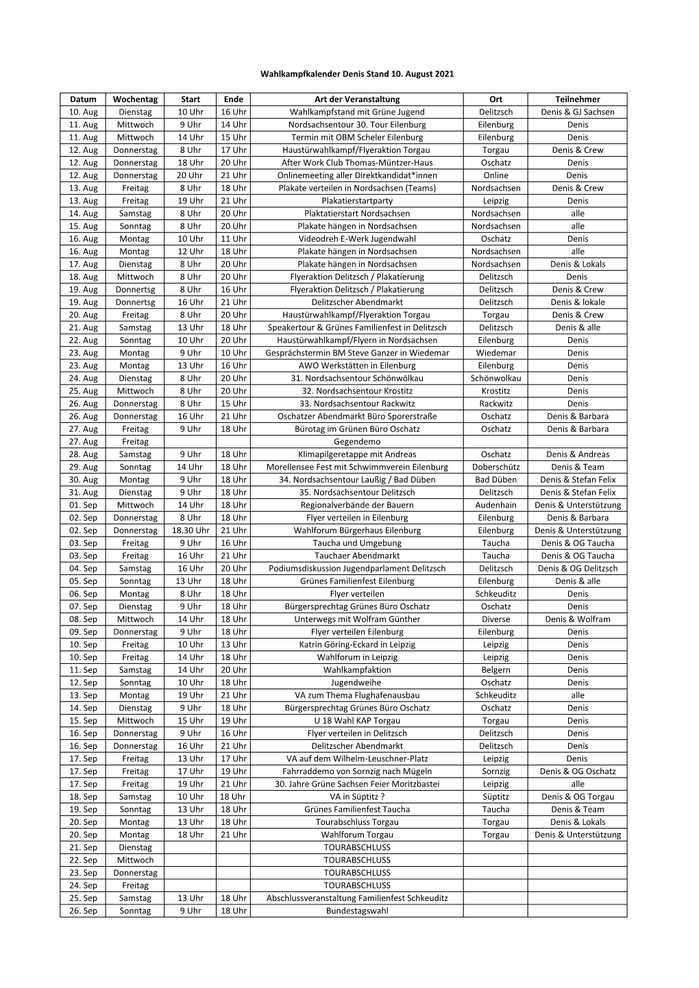 Wahlkampfkalender Denis Stand 10. August 2021