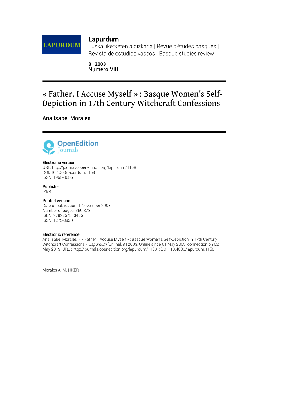 Father, I Accuse Myself » : Basque Women's Self-Depiction in 17Th Century Witchcraft Confessions