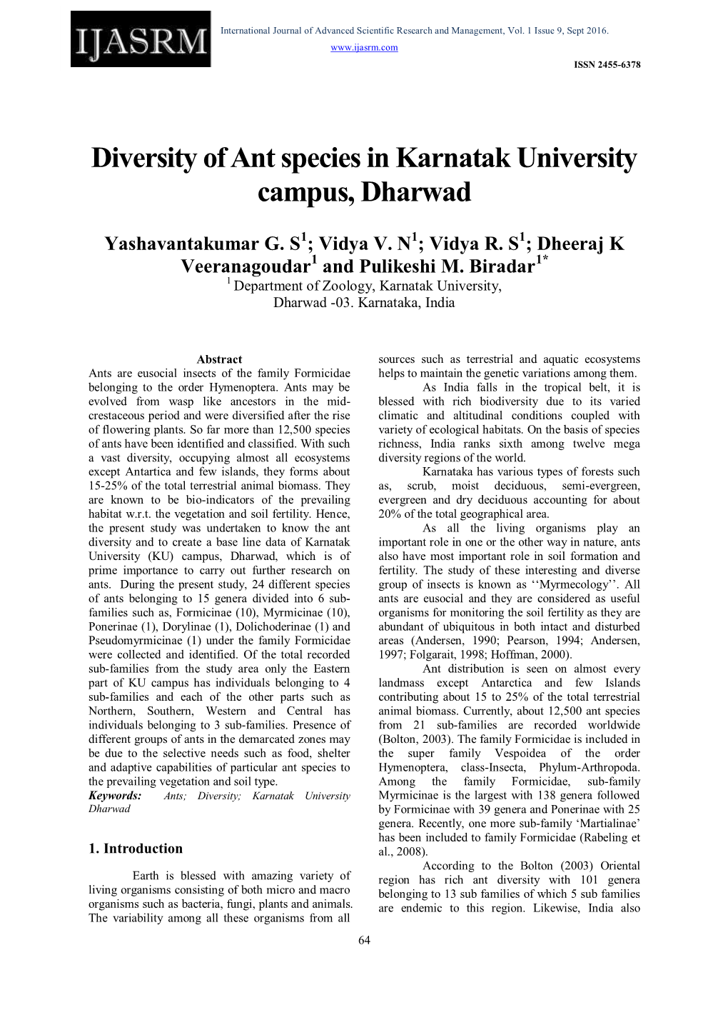 Diversity of Ant Species in Karnatak University Campus, Dharwad