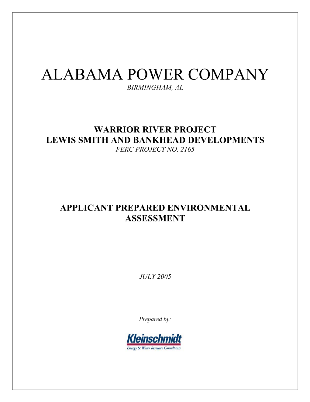 Warrior River Project FERC No. 2165 Applicant Prepared