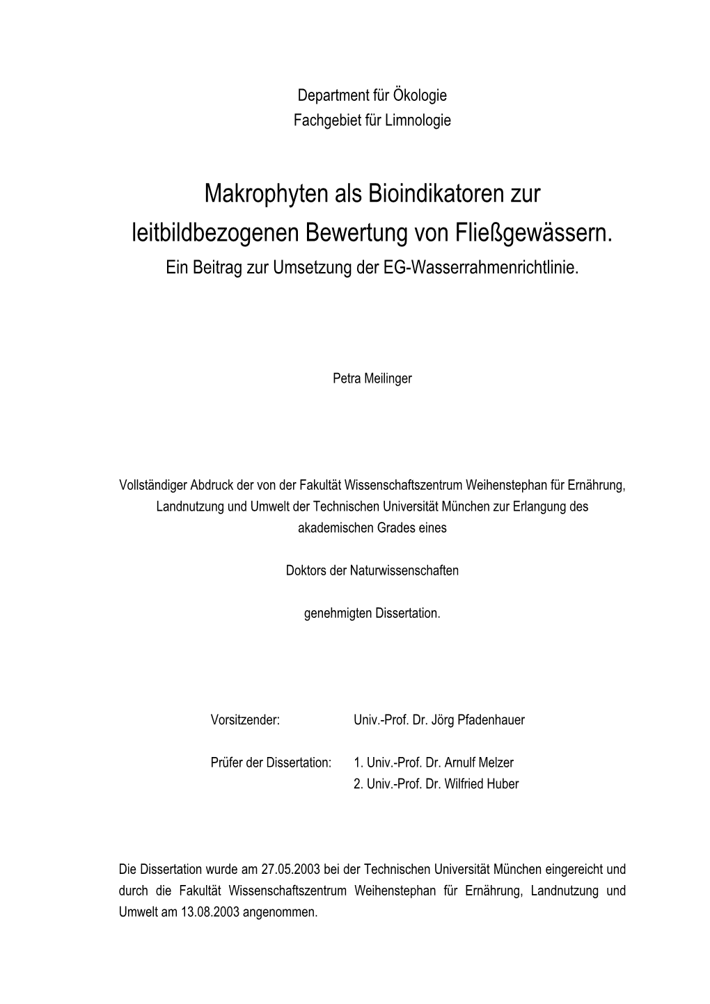 Makrophyten Als Bioindikatoren Zur Leitbildbezogenen Bewertung Von Fließgewässern