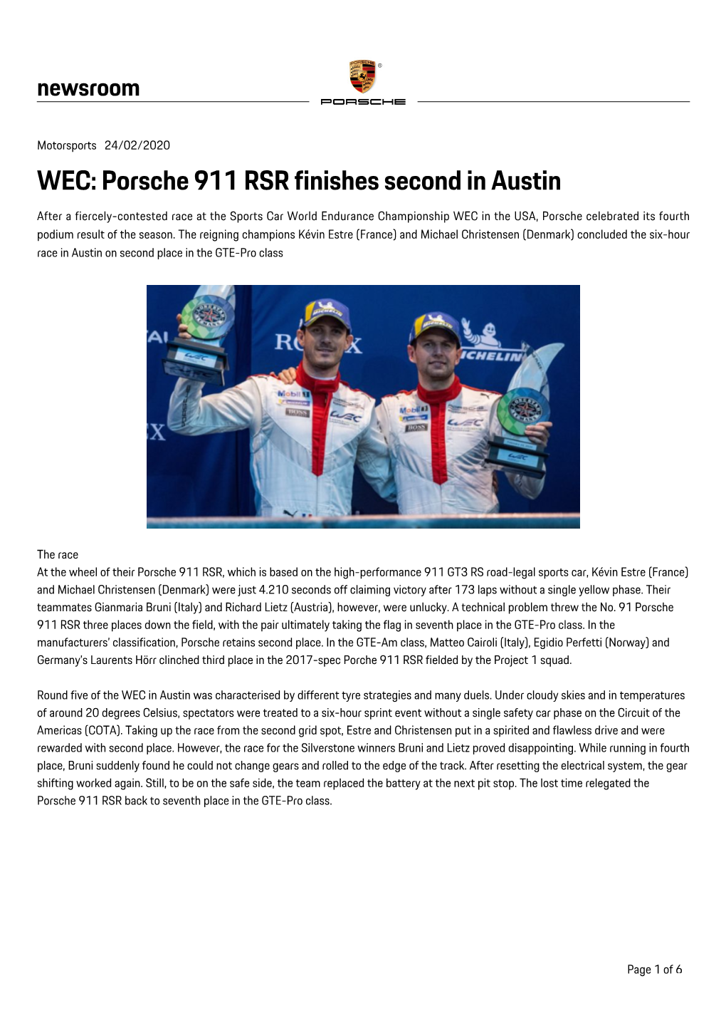 Porsche 911 RSR Finishes Second in Austin