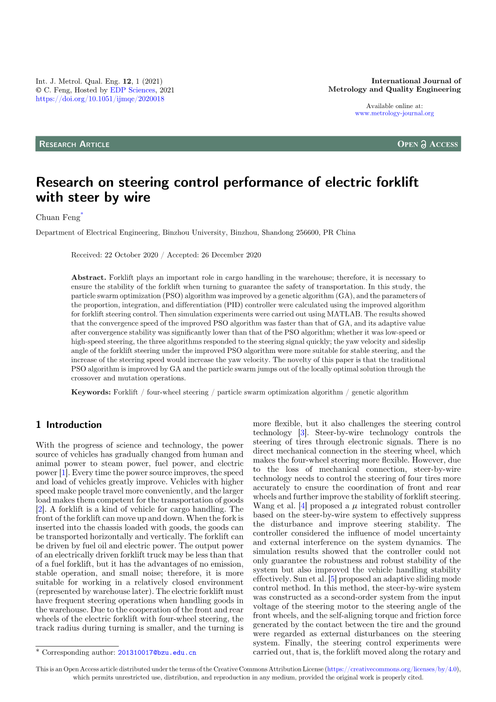 Research on Steering Control Performance of Electric Forklift with Steer by Wire