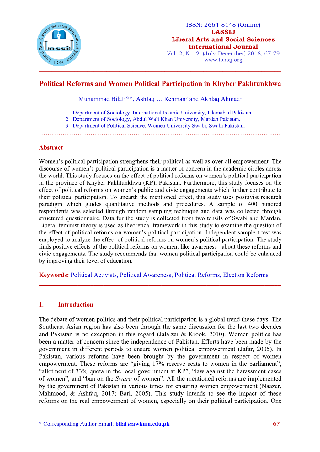 Political Reforms and Women Political Participation in Khyber Pakhtunkhwa