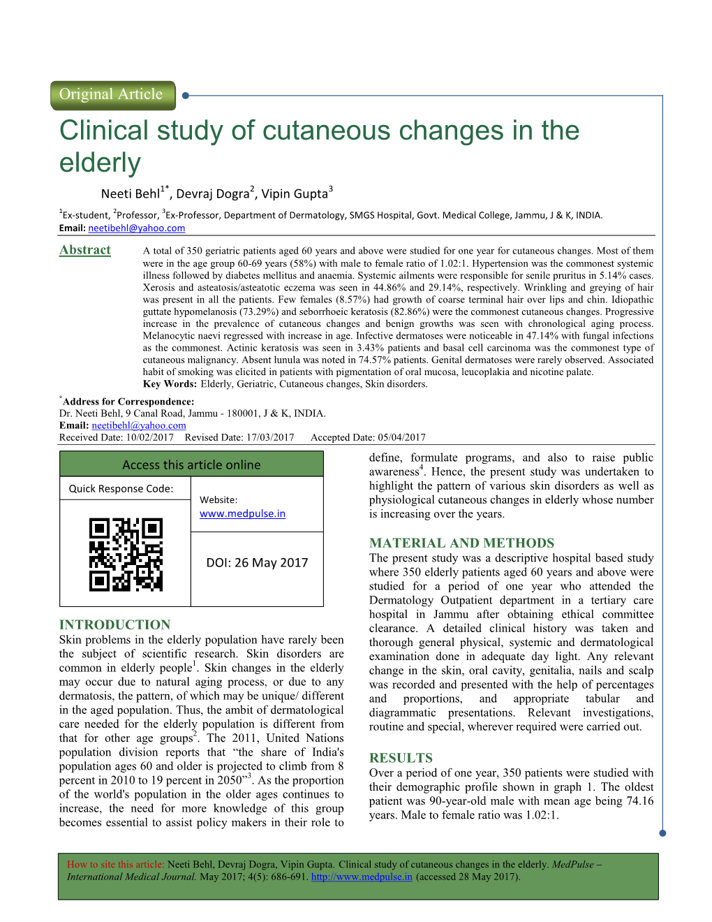 Clinical Study of Cutaneous C Elderly Al Study of Cutaneous Changes in the Changes In