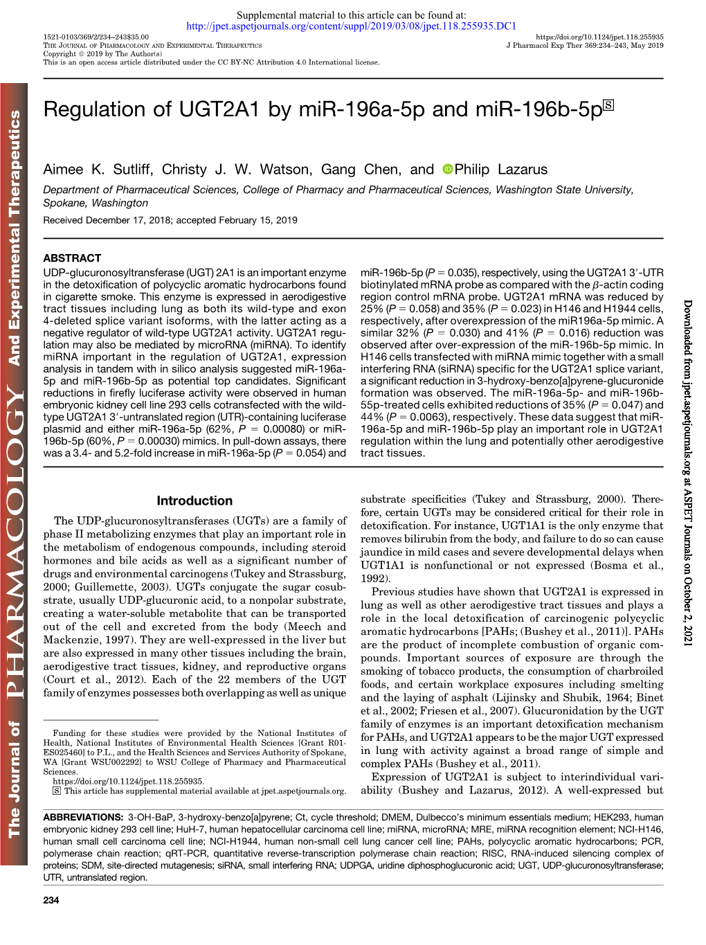 Regulation of UGT2A1 by Mir-196A-5P and Mir-196B-5P S