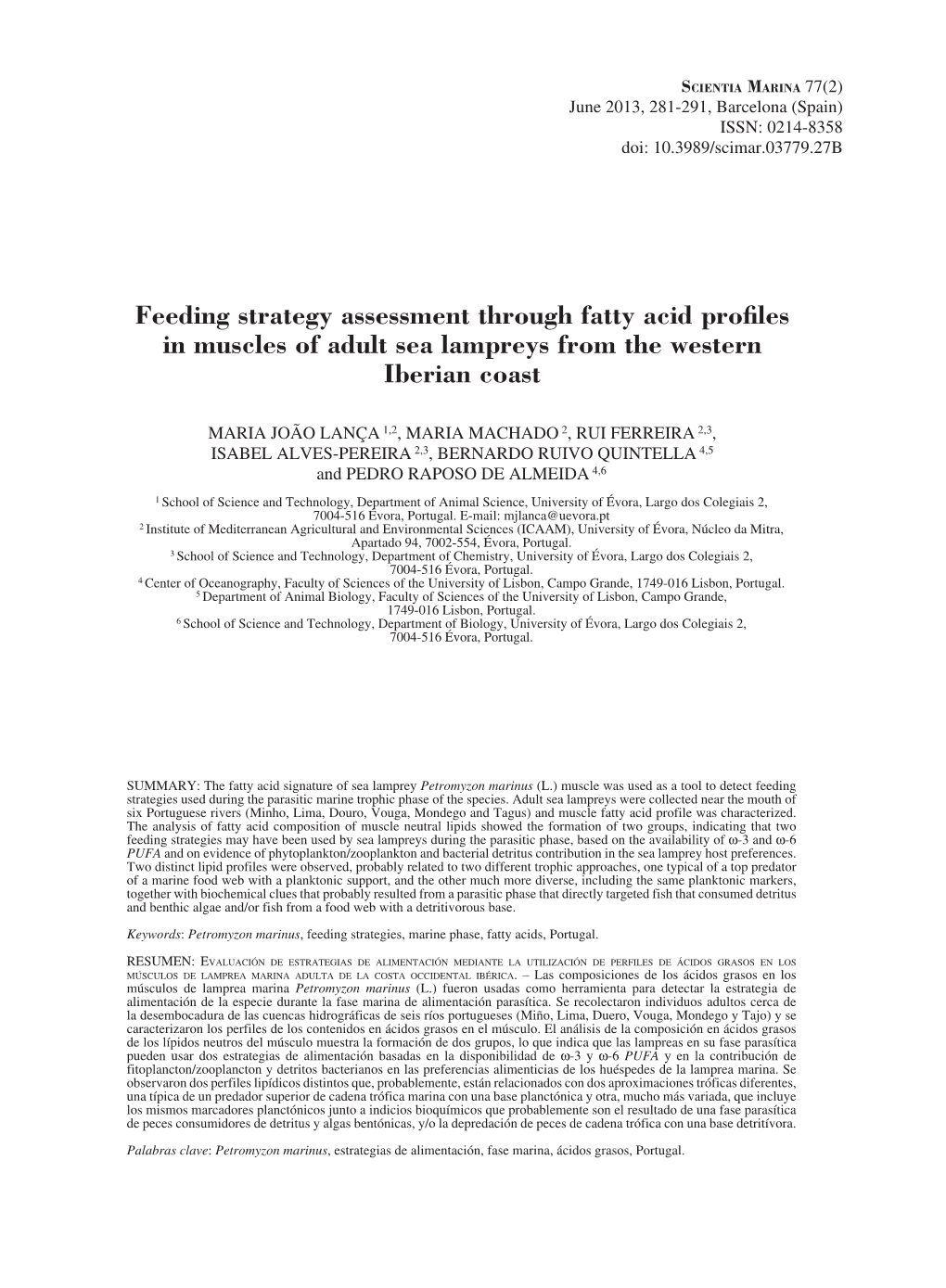 Feeding Strategy Assessment Through Fatty Acid Profiles in Muscles of Adult Sea Lampreys from the Western Iberian Coast