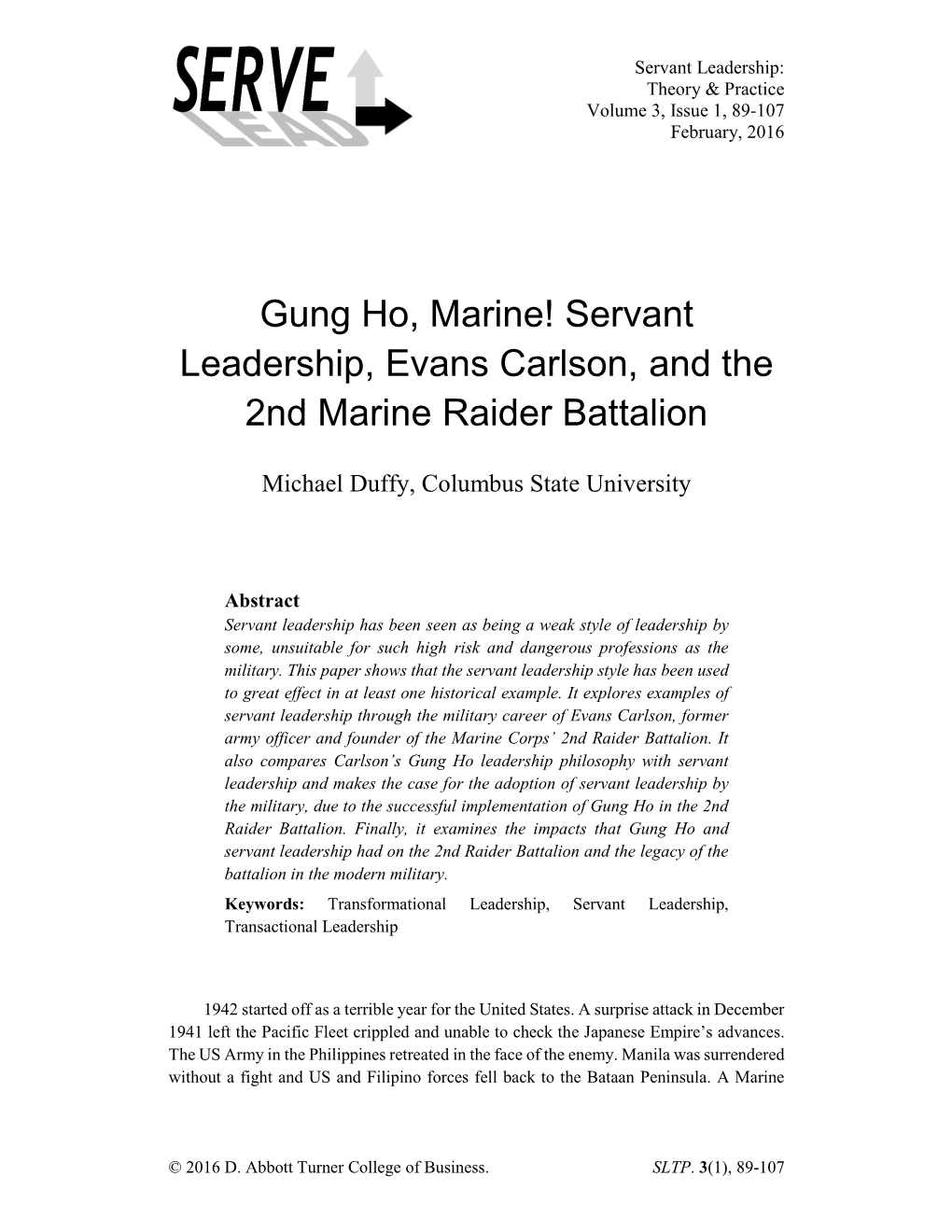 Gung Ho, Marine! Servant Leadership, Evans Carlson, and the 2Nd Marine Raider Battalion