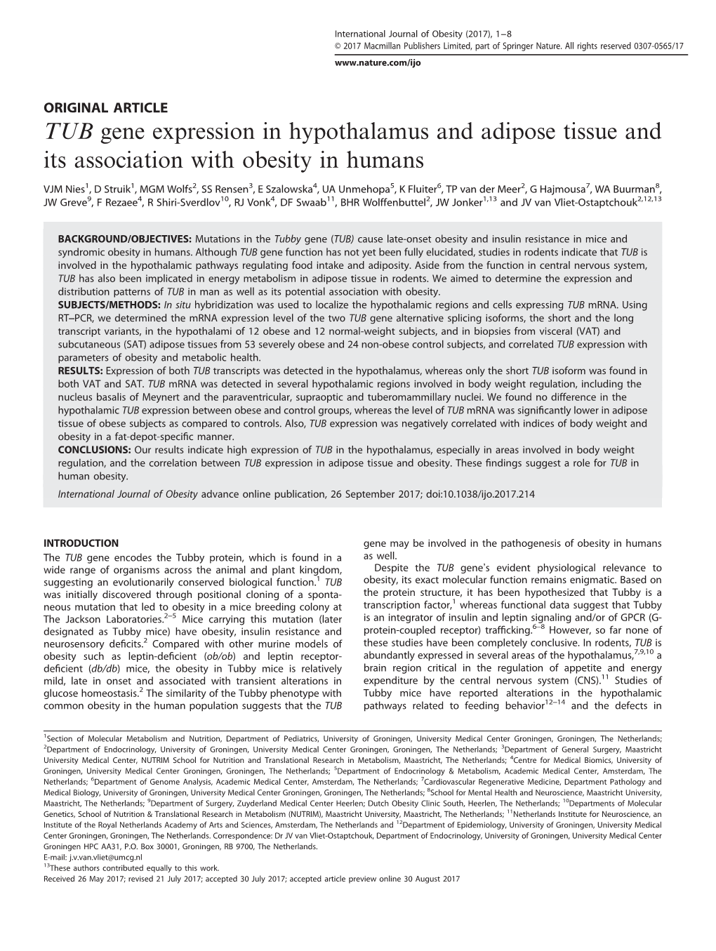 TUB Gene Expression in Hypothalamus and Adipose Tissue and Its Association with Obesity in Humans