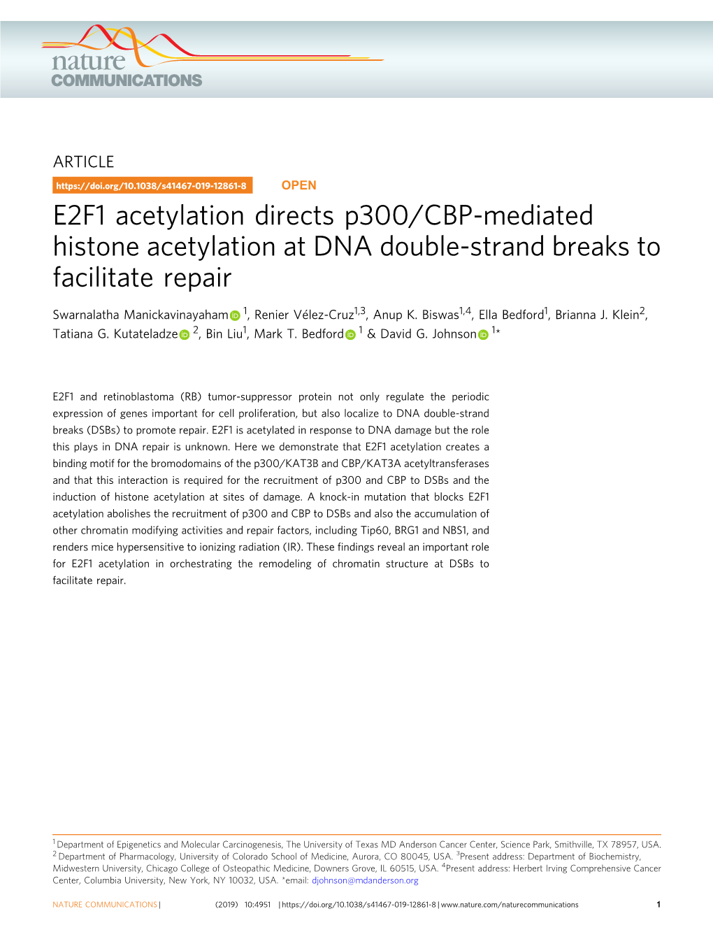 E2F1 Acetylation Directs P300/CBP-Mediated Histone Acetylation at DNA Double-Strand Breaks to Facilitate Repair