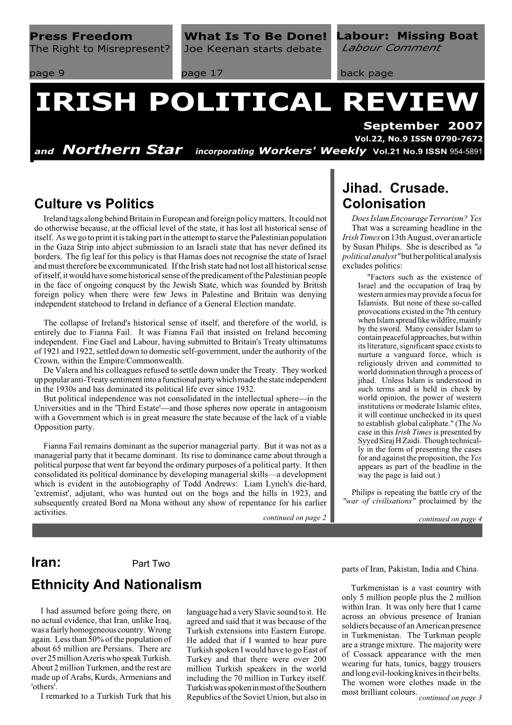 Irish Political Review; September 2007