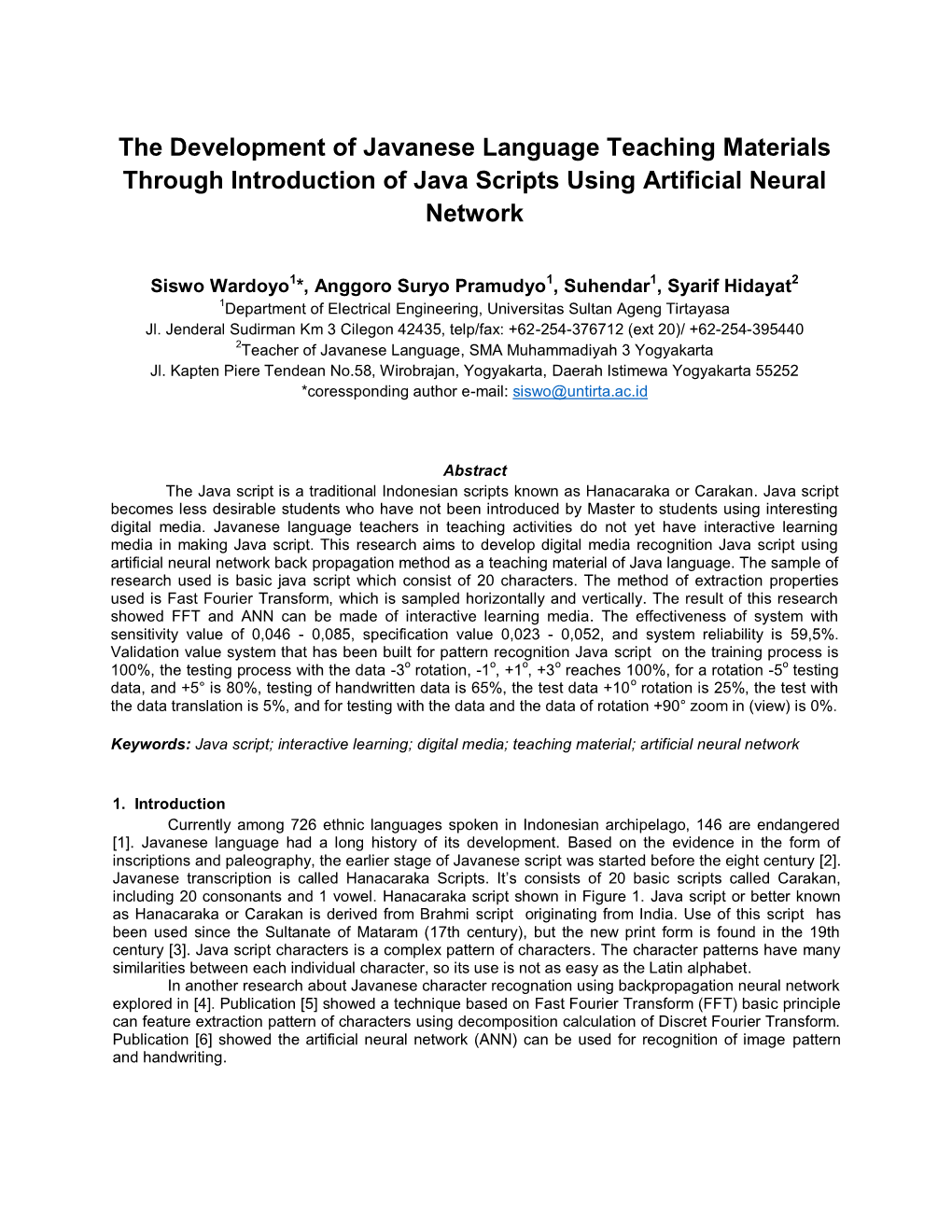 The Development of Javanese Language Teaching Materials Through Introduction of Java Scripts Using Artificial Neural Network