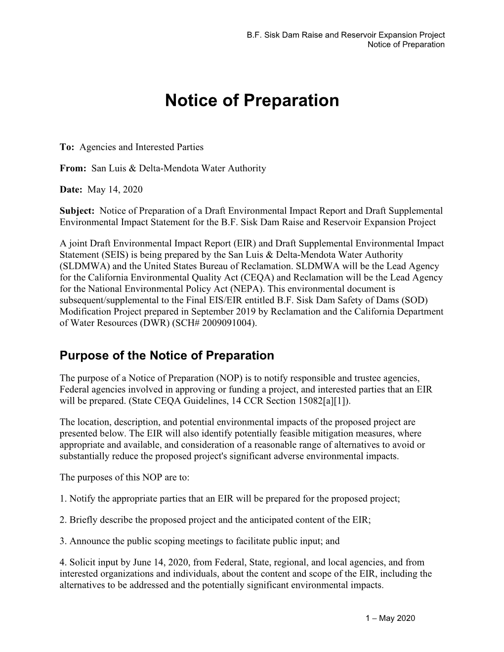 B.F. Sisk Dam Raise and Reservoir Expansion Notice of Preparation