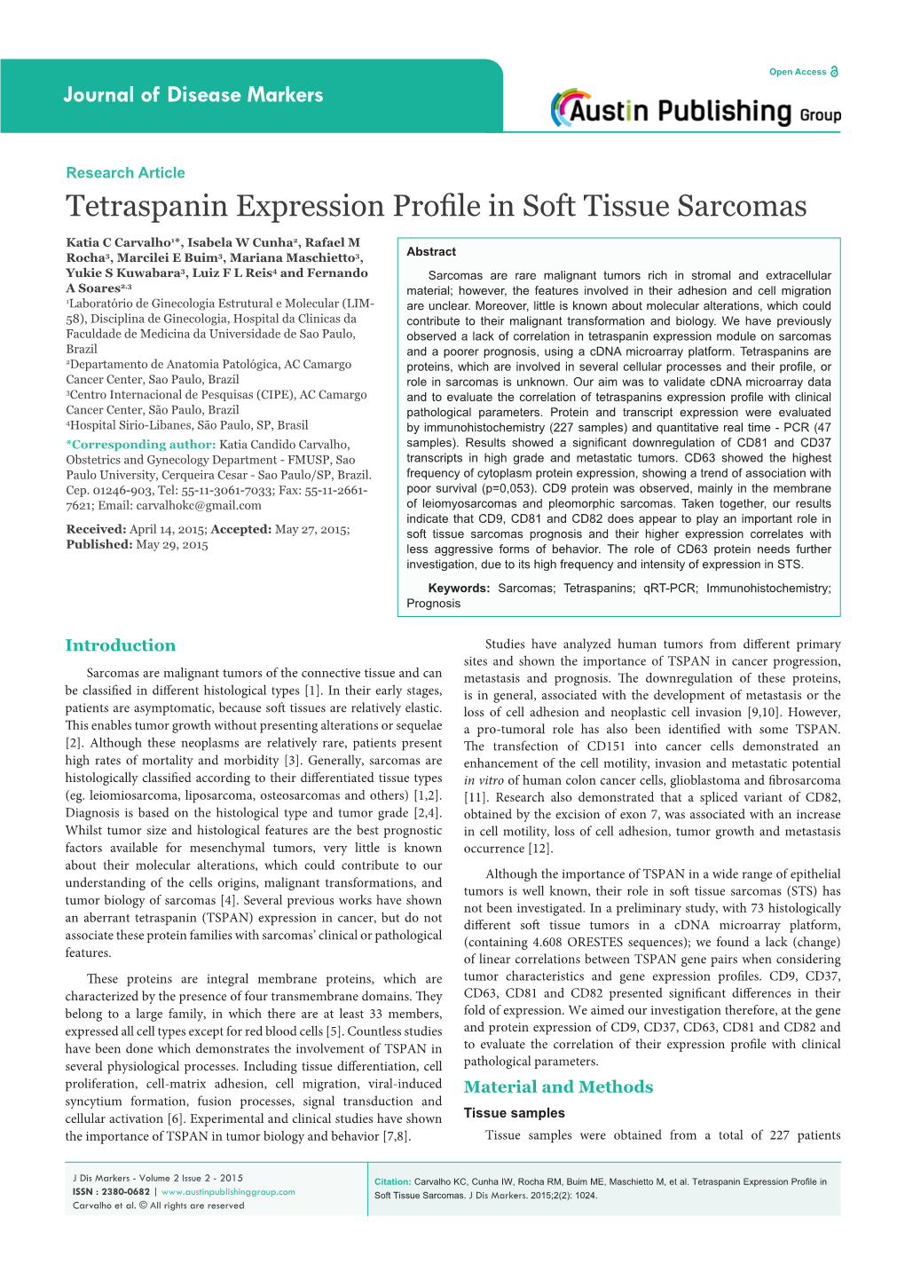 Tetraspanin Expression Profile in Soft Tissue Sarcomas