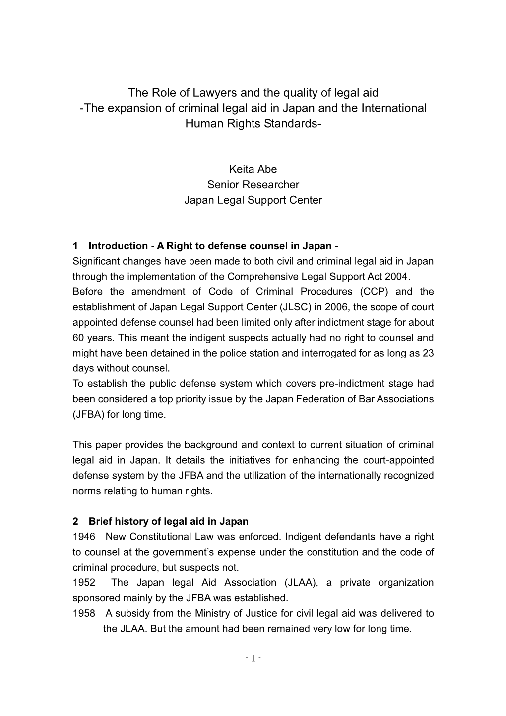 The Expansion of Criminal Legal Aid in Japan and the International Human Rights Standards