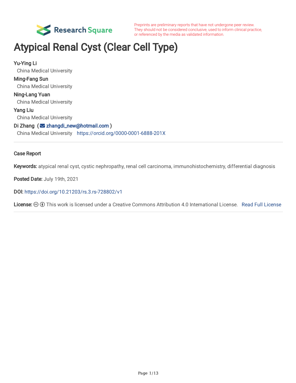 Atypical Renal Cyst (Clear Cell Type)