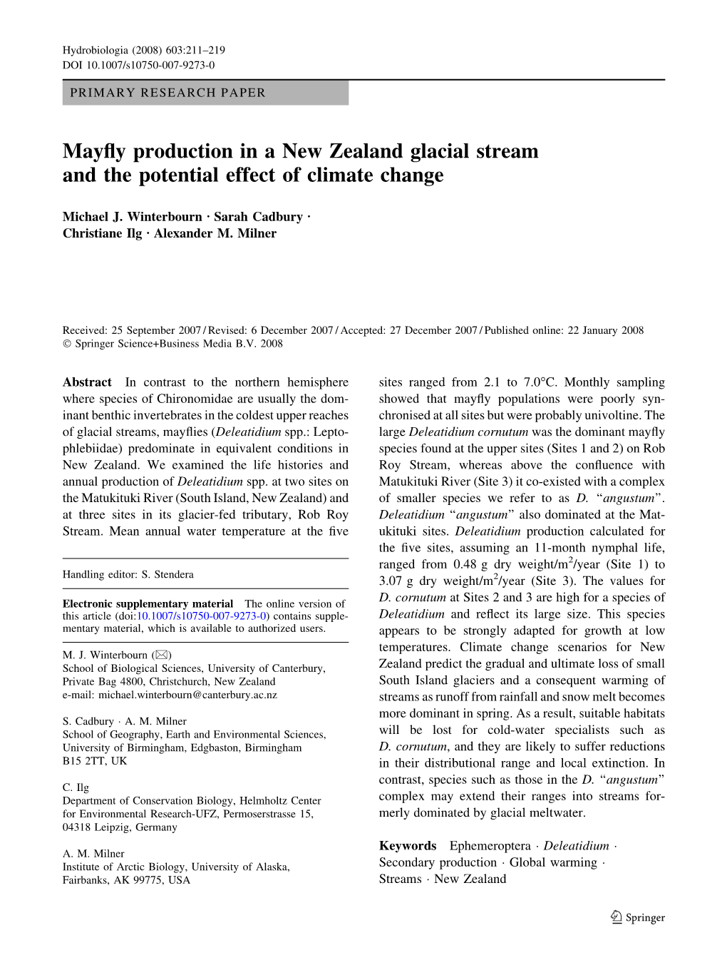 Mayfly Production in a New Zealand Glacial Stream and the Potential