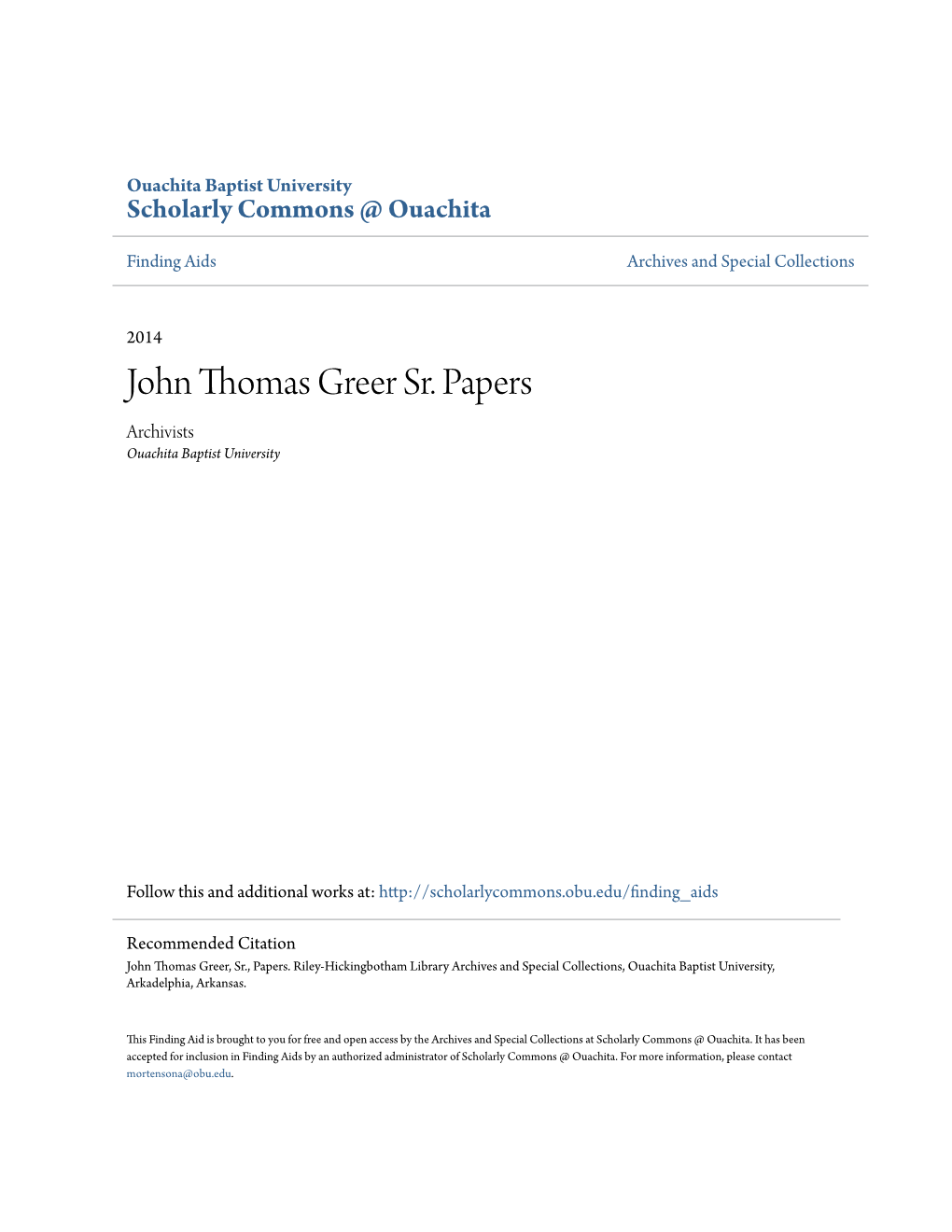 John Thomas Greer Sr. Papers Archivists Ouachita Baptist University