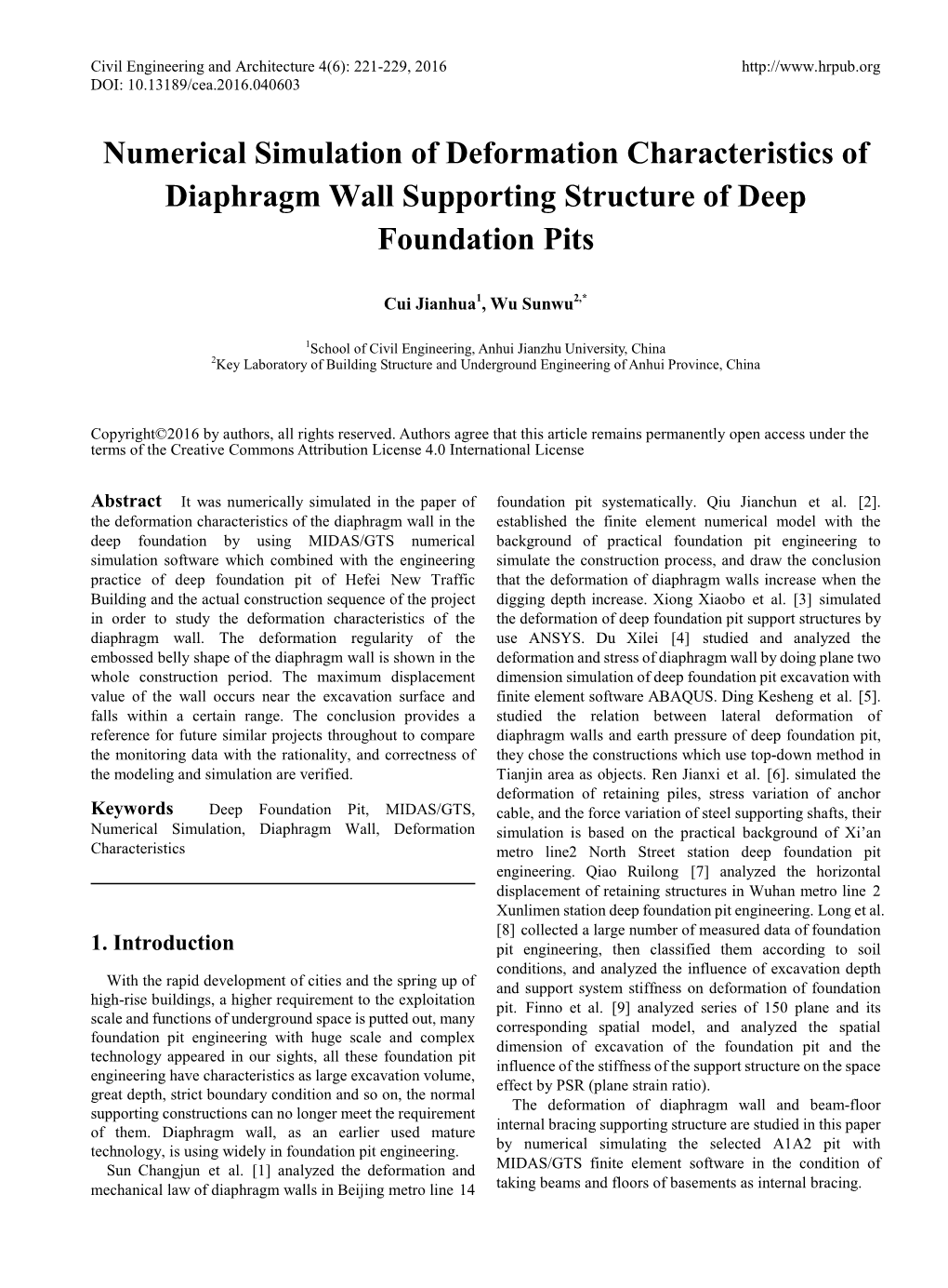 Numerical Simulation of Deformation Characteristics of Diaphragm Wall Supporting Structure of Deep Foundation Pits