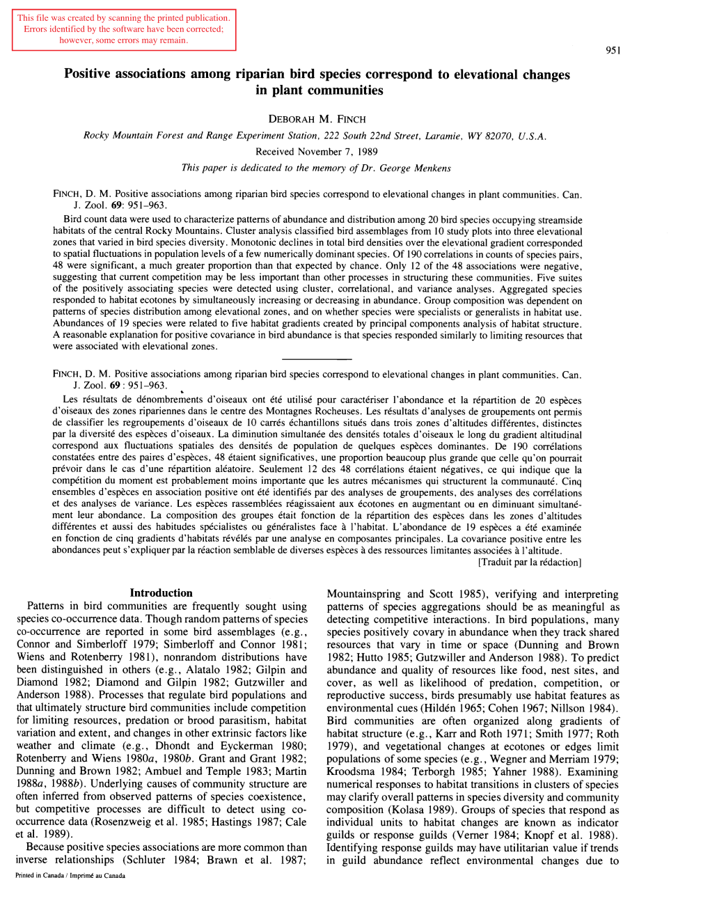 Positive Associations Among Riparian Bird Species Correspond to Elevational Changes in Plant Communities