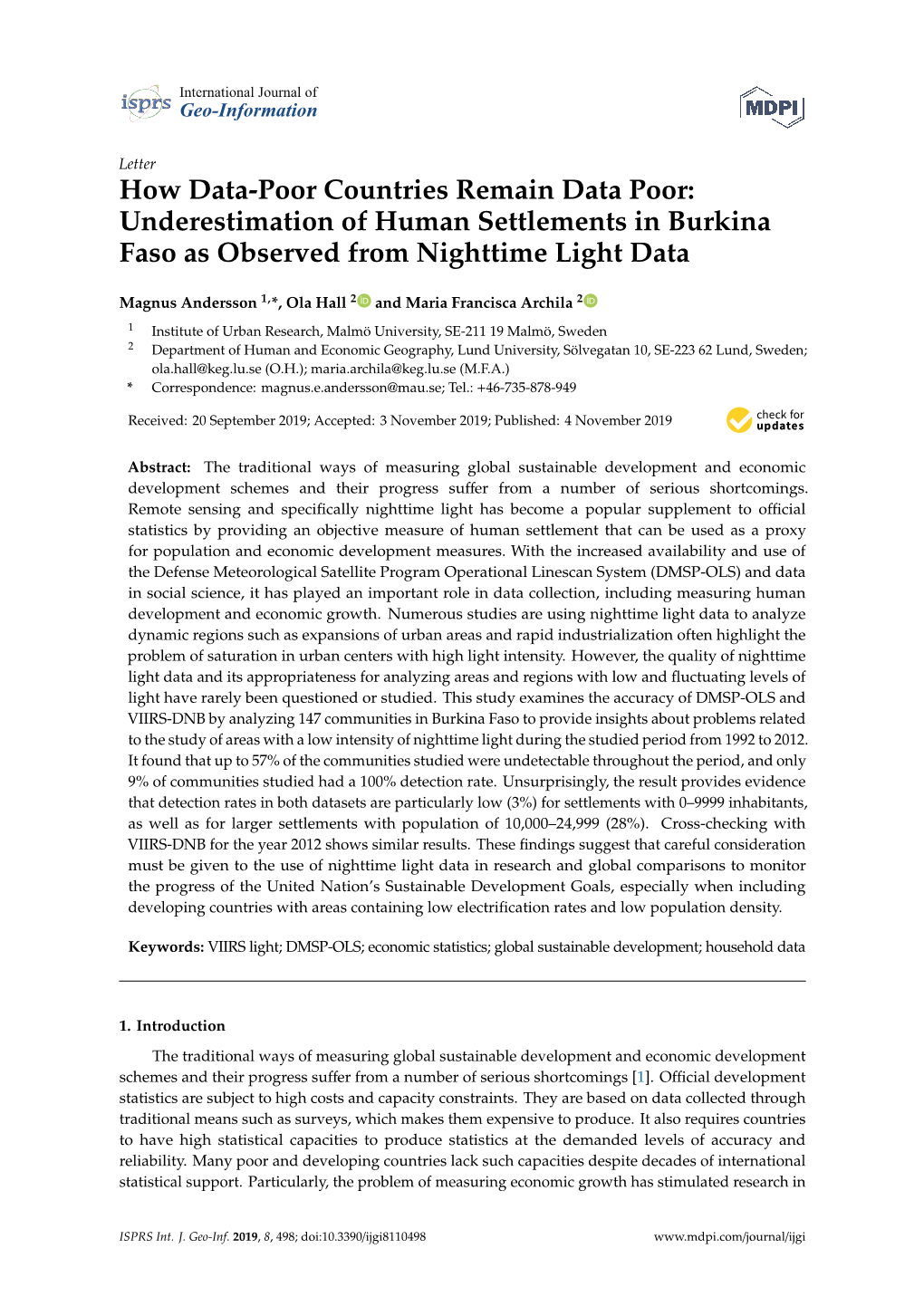 Underestimation of Human Settlements in Burkina Faso As Observed from Nighttime Light Data