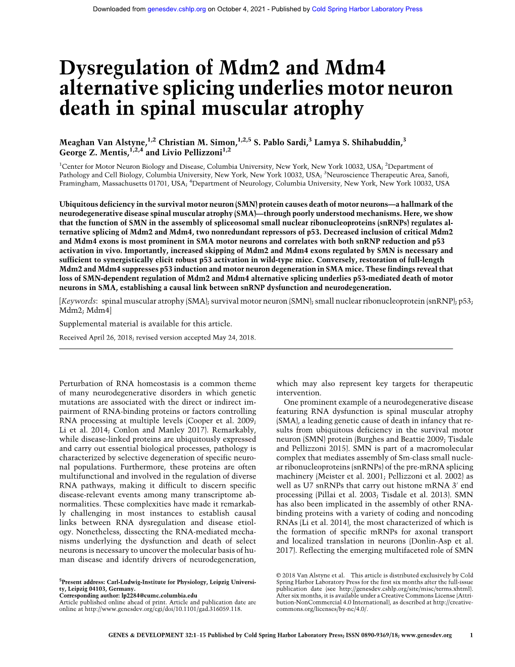 Dysregulation of Mdm2 and Mdm4 Alternative Splicing Underlies Motor Neuron Death in Spinal Muscular Atrophy