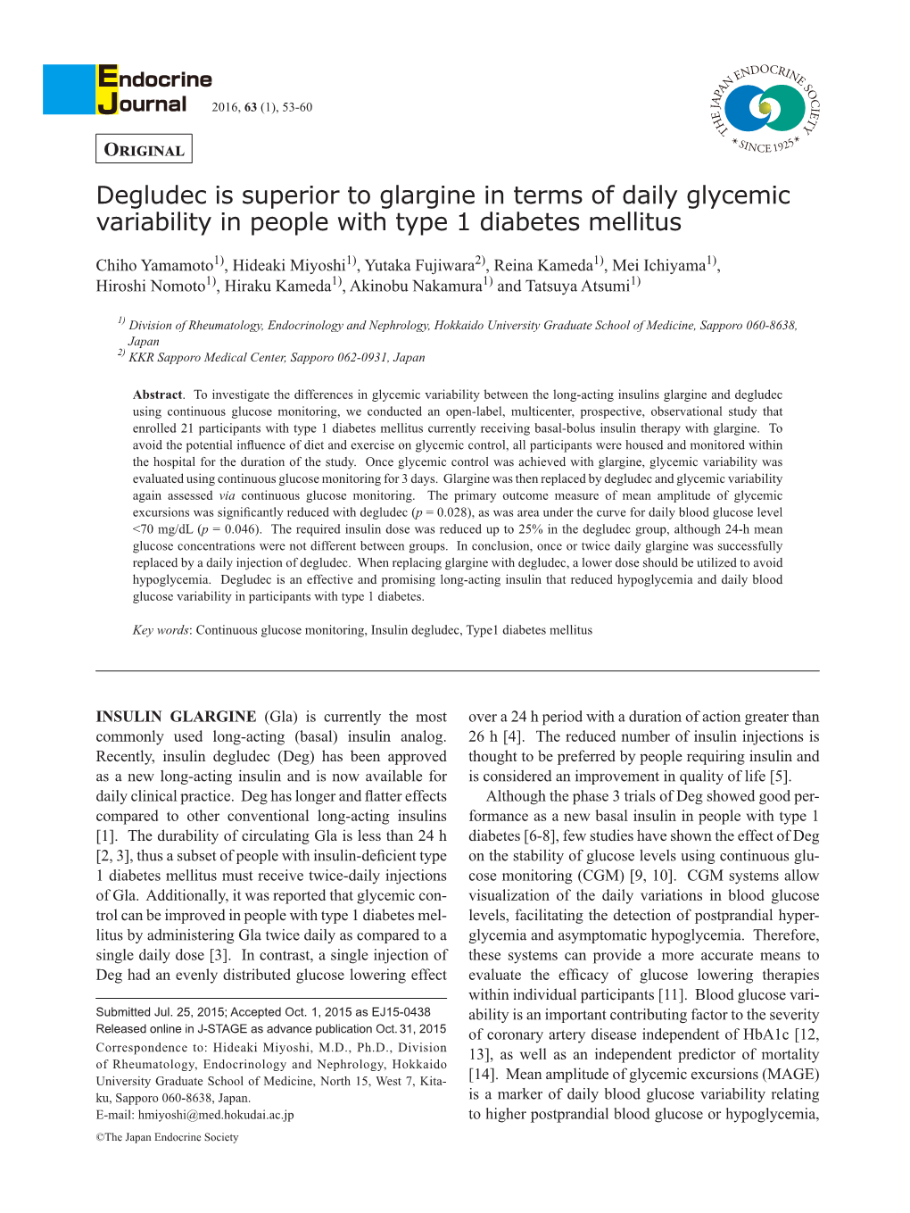 Degludec Is Superior to Glargine in Terms of Daily Glycemic Variability in People with Type 1 Diabetes Mellitus