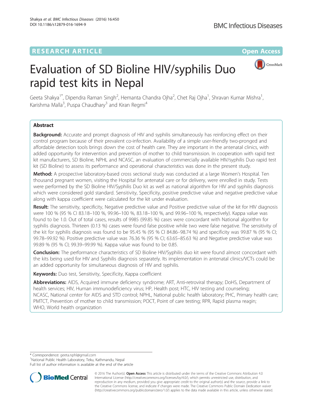 Evaluation of SD Bioline HIV/Syphilis Duo Rapid Test Kits in Nepal