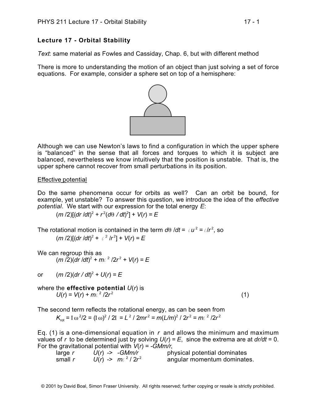 PHYS 211 Lecture 17 - Orbital Stability 17 - 1