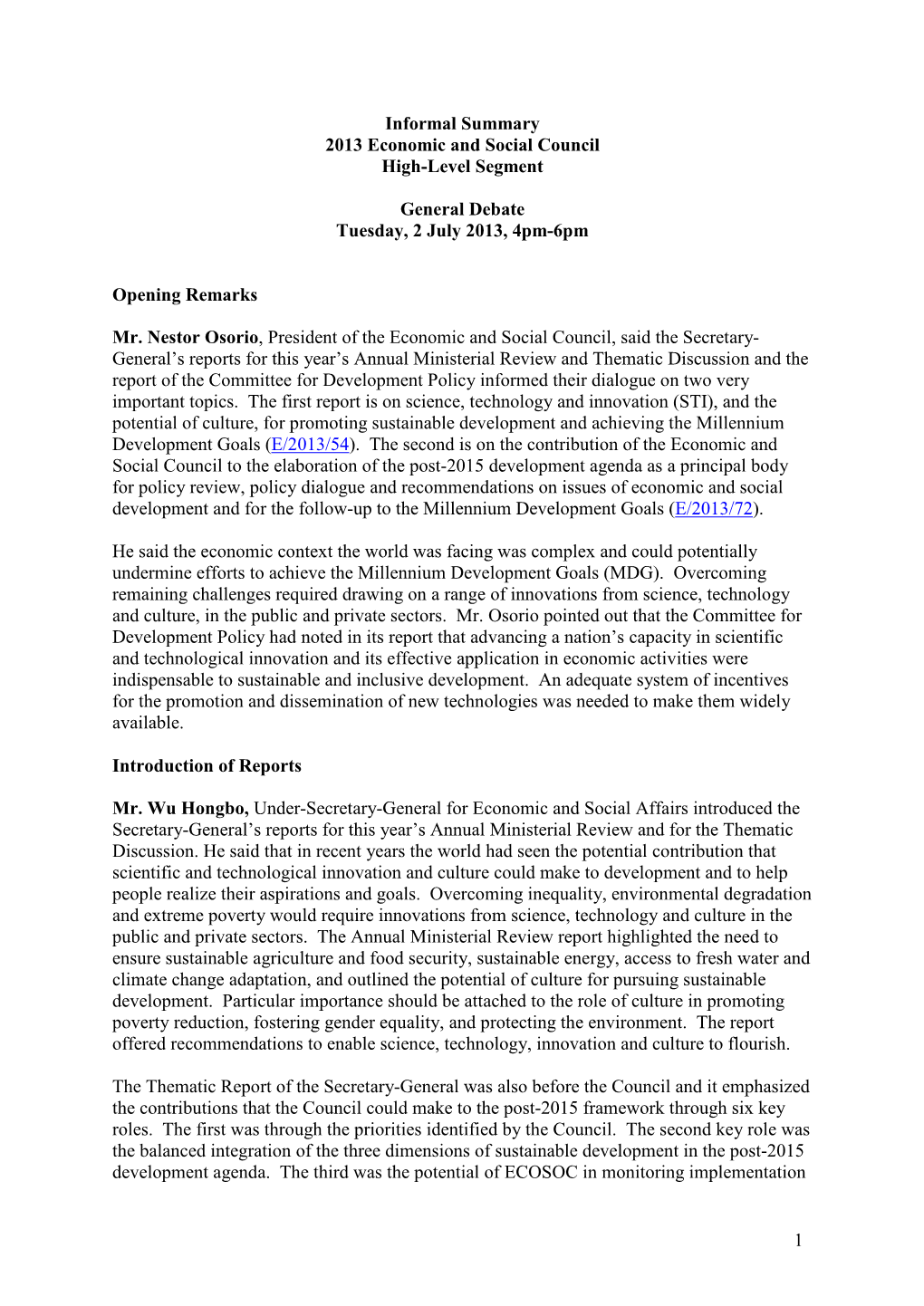 Informal Summary 2013 Economic and Social Council High-Level Segment