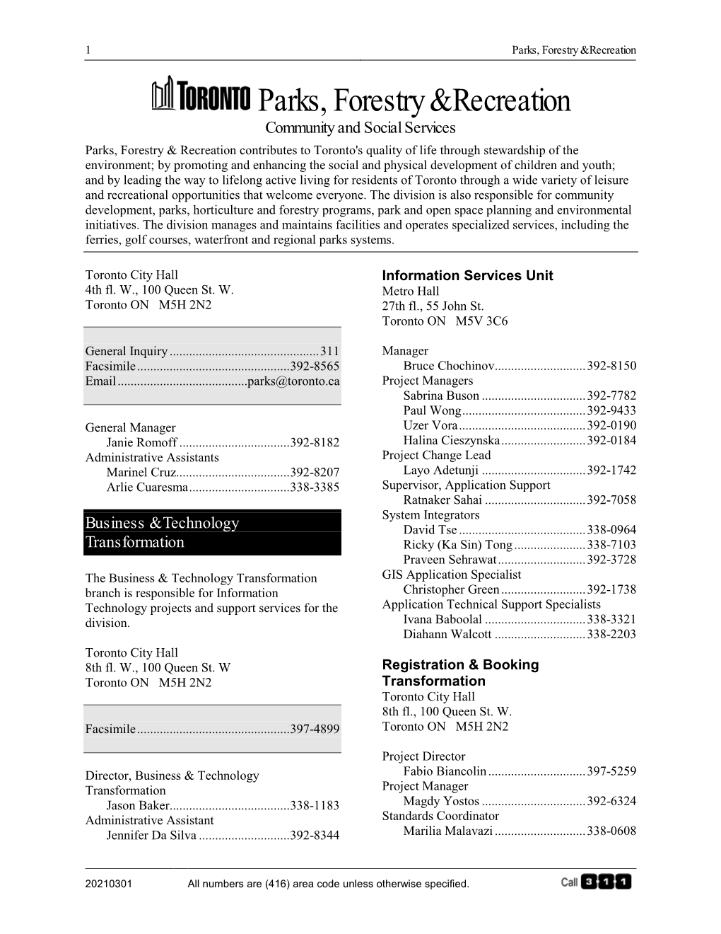 Parks, Forestry & Recreation Telephone Directory