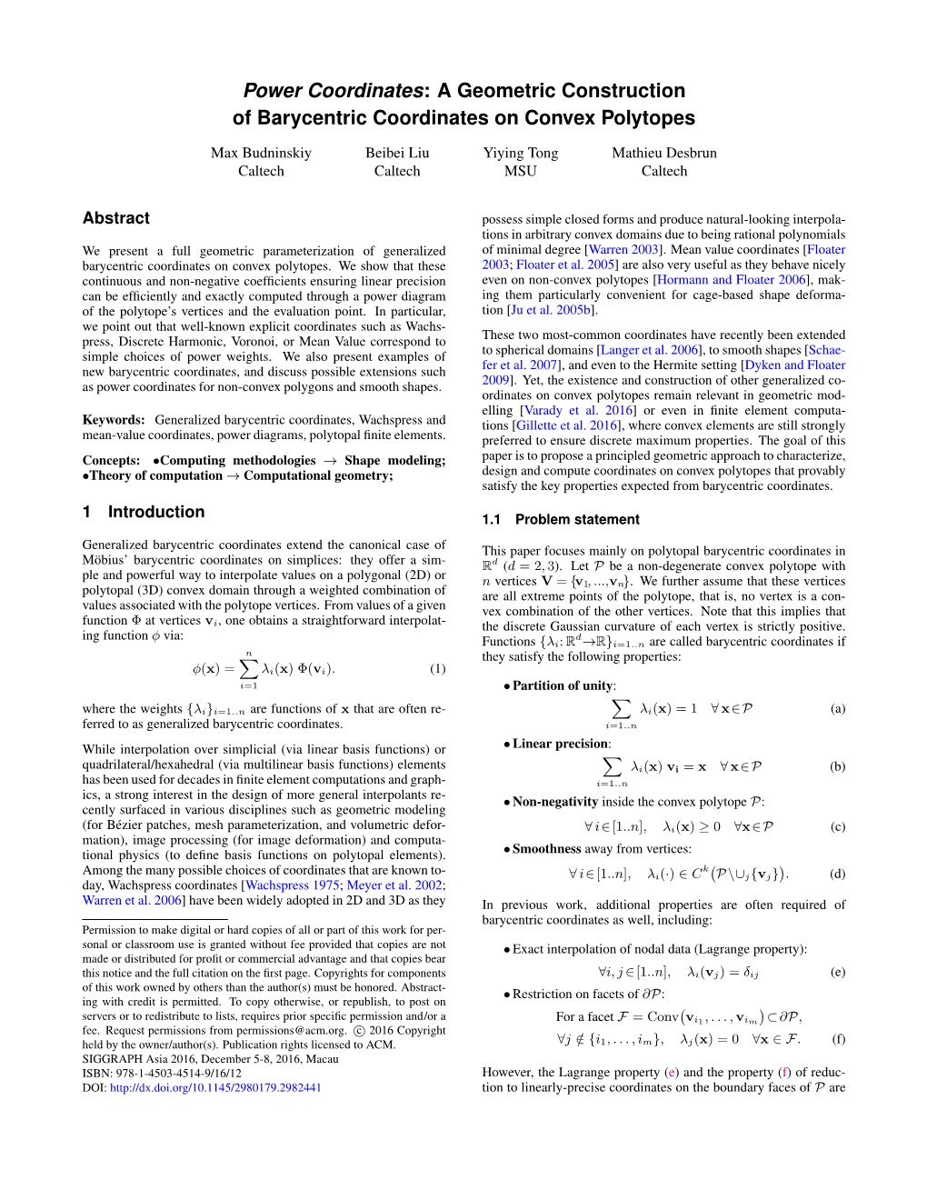 A Geometric Constructionf Barycentric Coordinates on Convex Polytopes