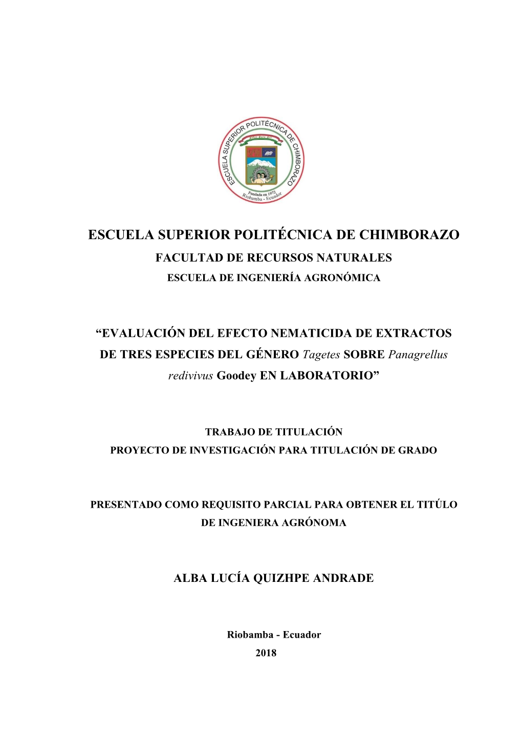 Escuela Superior Politécnica De Chimborazo Facultad De Recursos Naturales Escuela De Ingeniería Agronómica