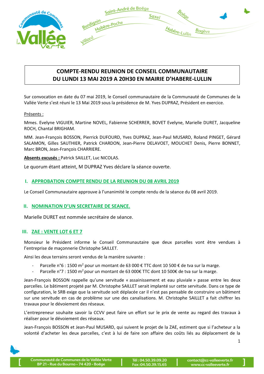 Compte-Rendu Reunion De Conseil Communautaire Du Lundi 13 Mai 2019 a 20H30 En Mairie D'habere-Lullin