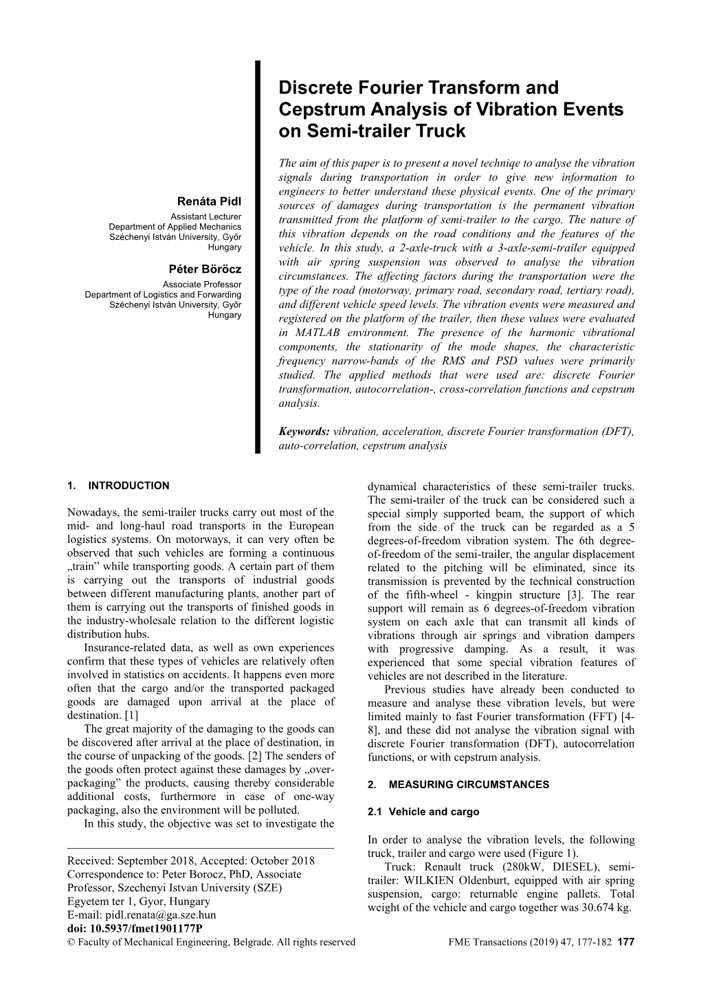 Discrete Fourier Transform and Cepstrum Analysis of Vibration Events on Semi-Trailer Truck