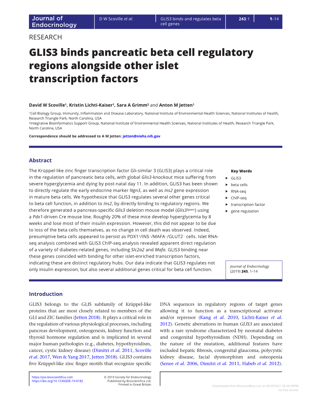 GLIS3 Binds Pancreatic Beta Cell Regulatory Regions Alongside Other Islet Transcription Factors