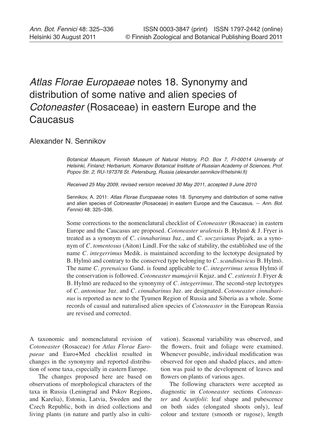 Atlas Florae Europaeae Notes 18. Synonymy and Distribution of Some Native and Alien Species of Cotoneaster (Rosaceae) in Eastern Europe and the Caucasus