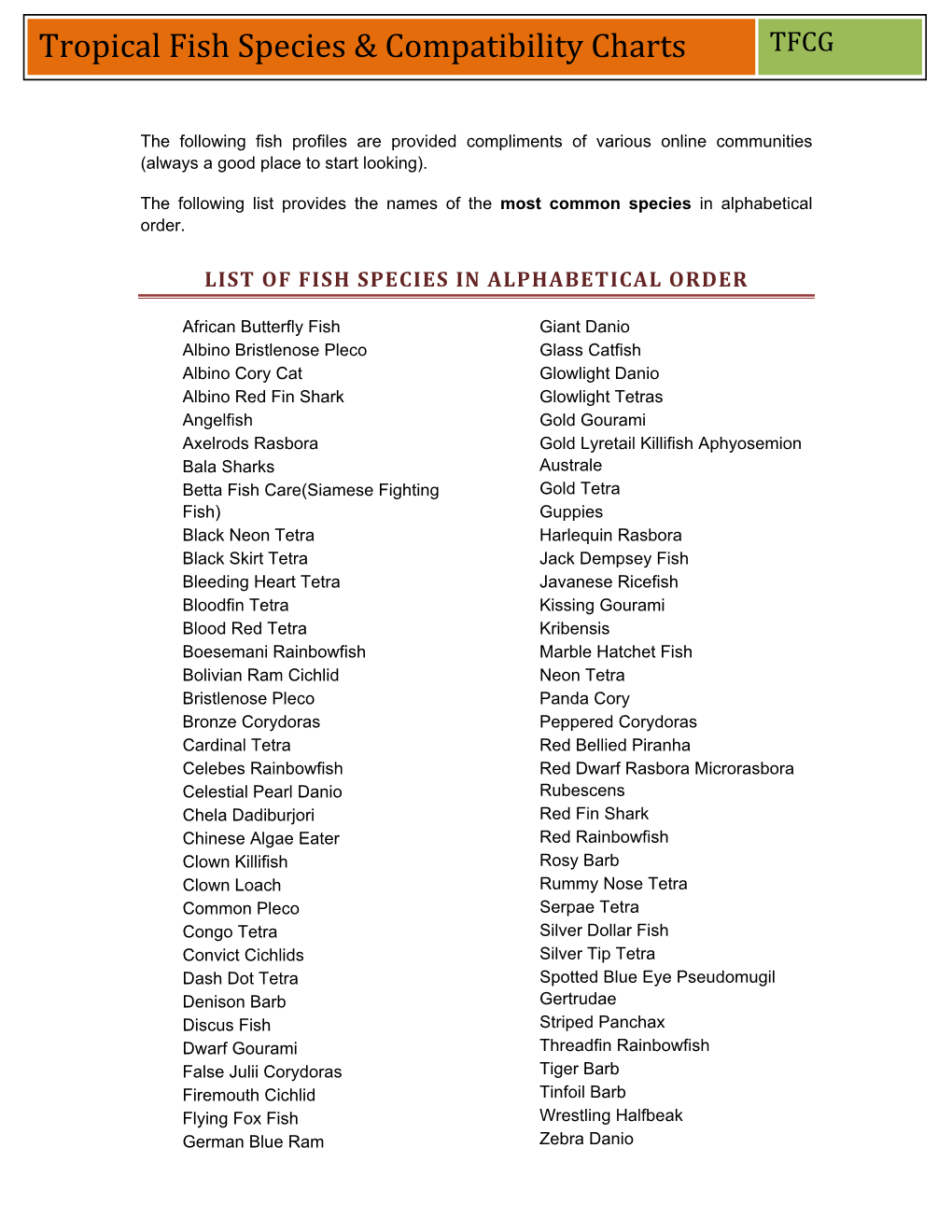 Tropical Fish Species & Compatibility Charts