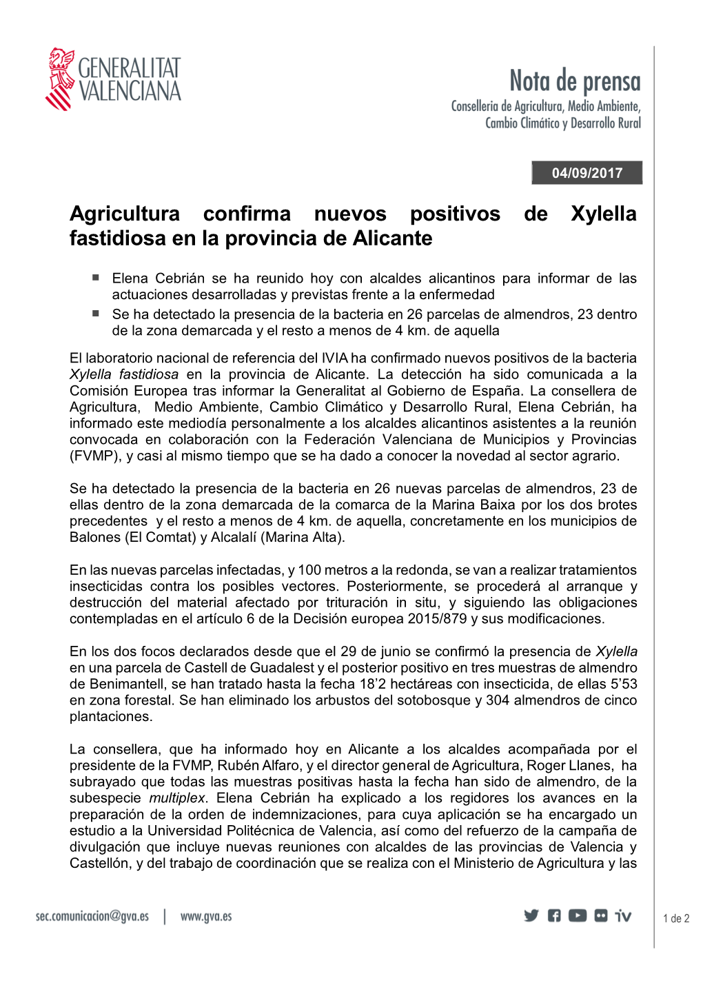Agricultura Confirma Nuevos Positivos De Xylella Fastidiosa En La Provincia De Alicante