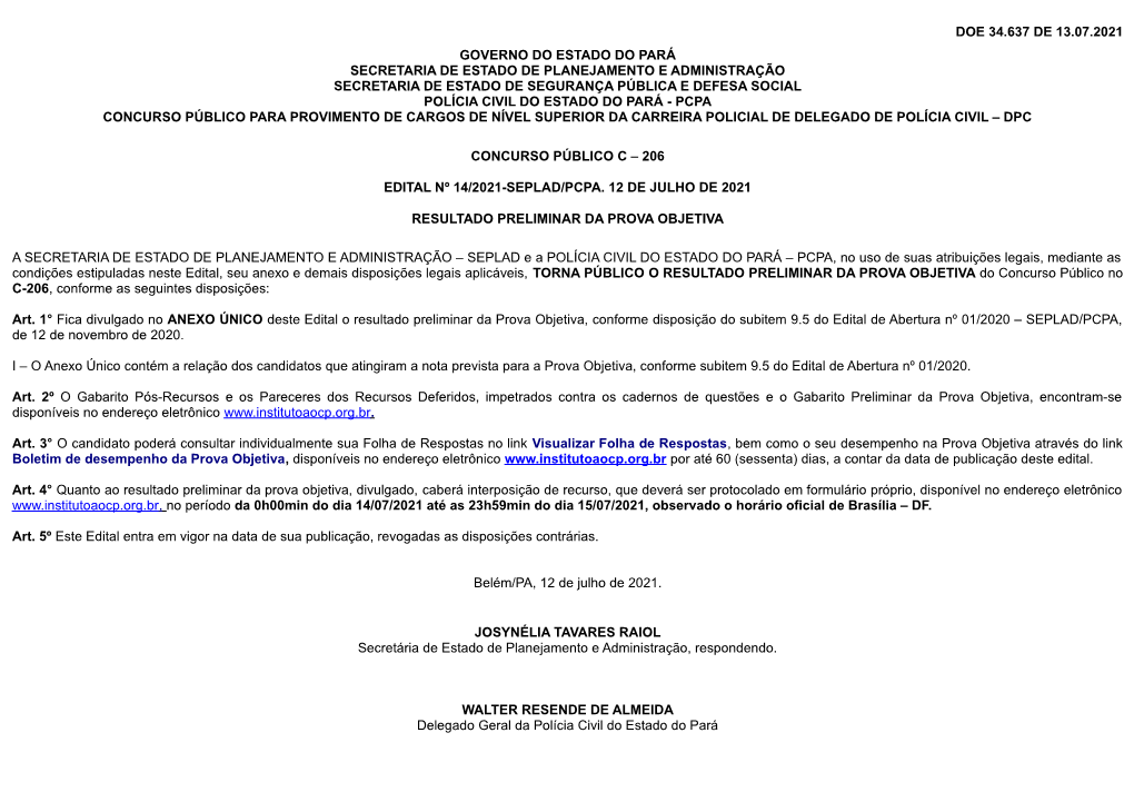 Doe 34.637 De 13.07.2021 Governo Do Estado Do Pará