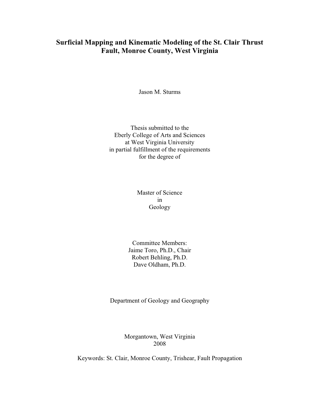 Surficial Mapping and Kinematic Modeling of the St. Clair Thrust Fault, Monroe County, West Virginia