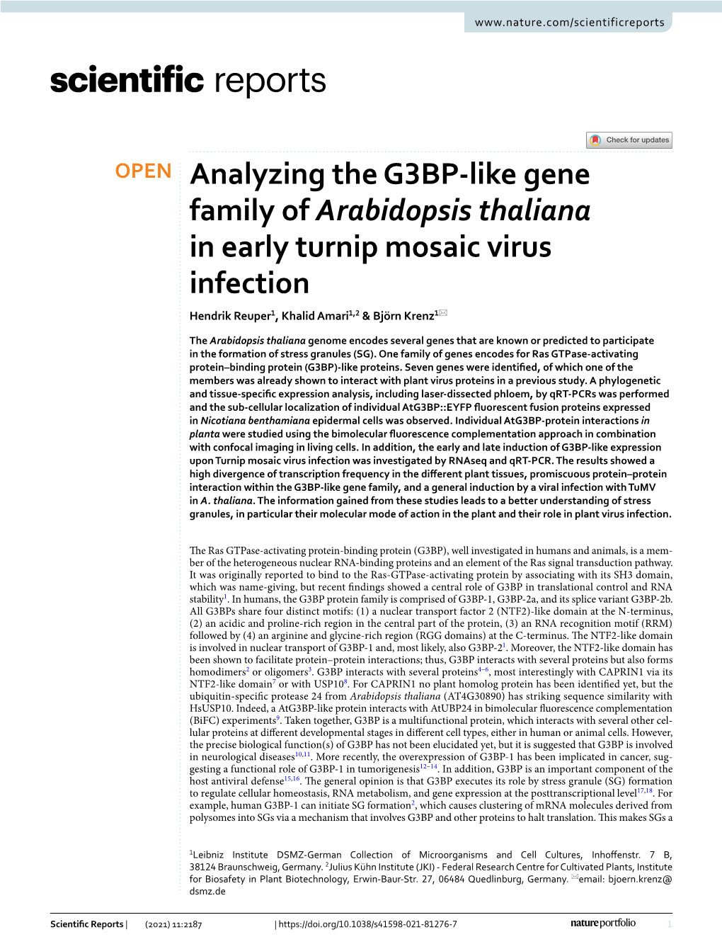 Analyzing the G3BP-Like Gene Family of Arabidopsis Thaliana In