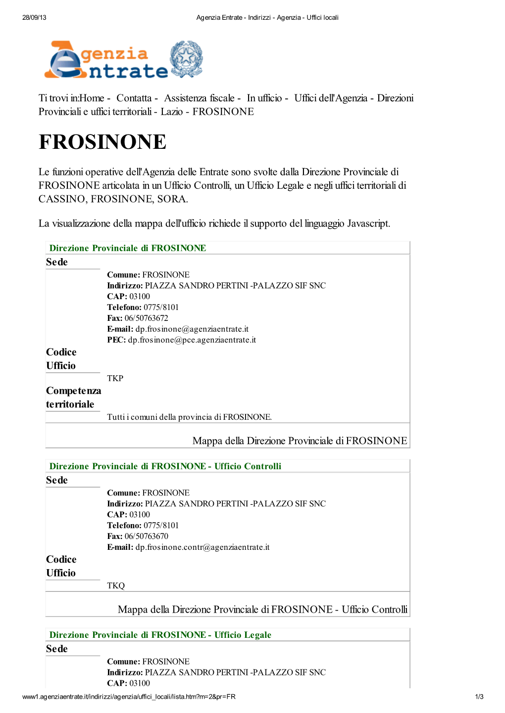 Codici Uffici Agenzia Delle Entrate Della Provincia Di Frosinone