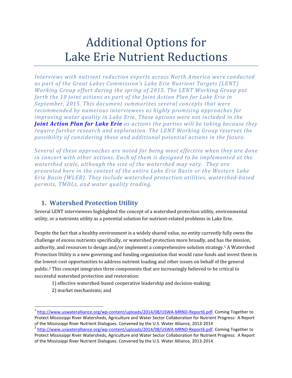 Additional Options for Lake Erie Nutrient Reductions