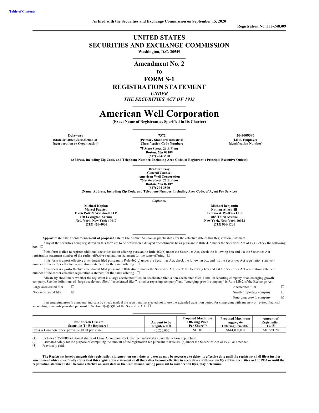 American Well Corporation (Exact Name of Registrant As Specified in Its Charter)